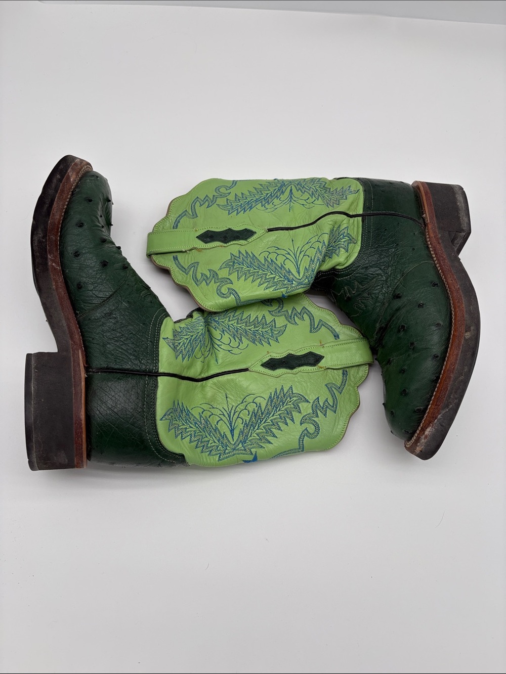 Lucchese 2000 Green Ostrich Quill Leather Cowboy Boots Women Size 8 1/2 BLEMISH